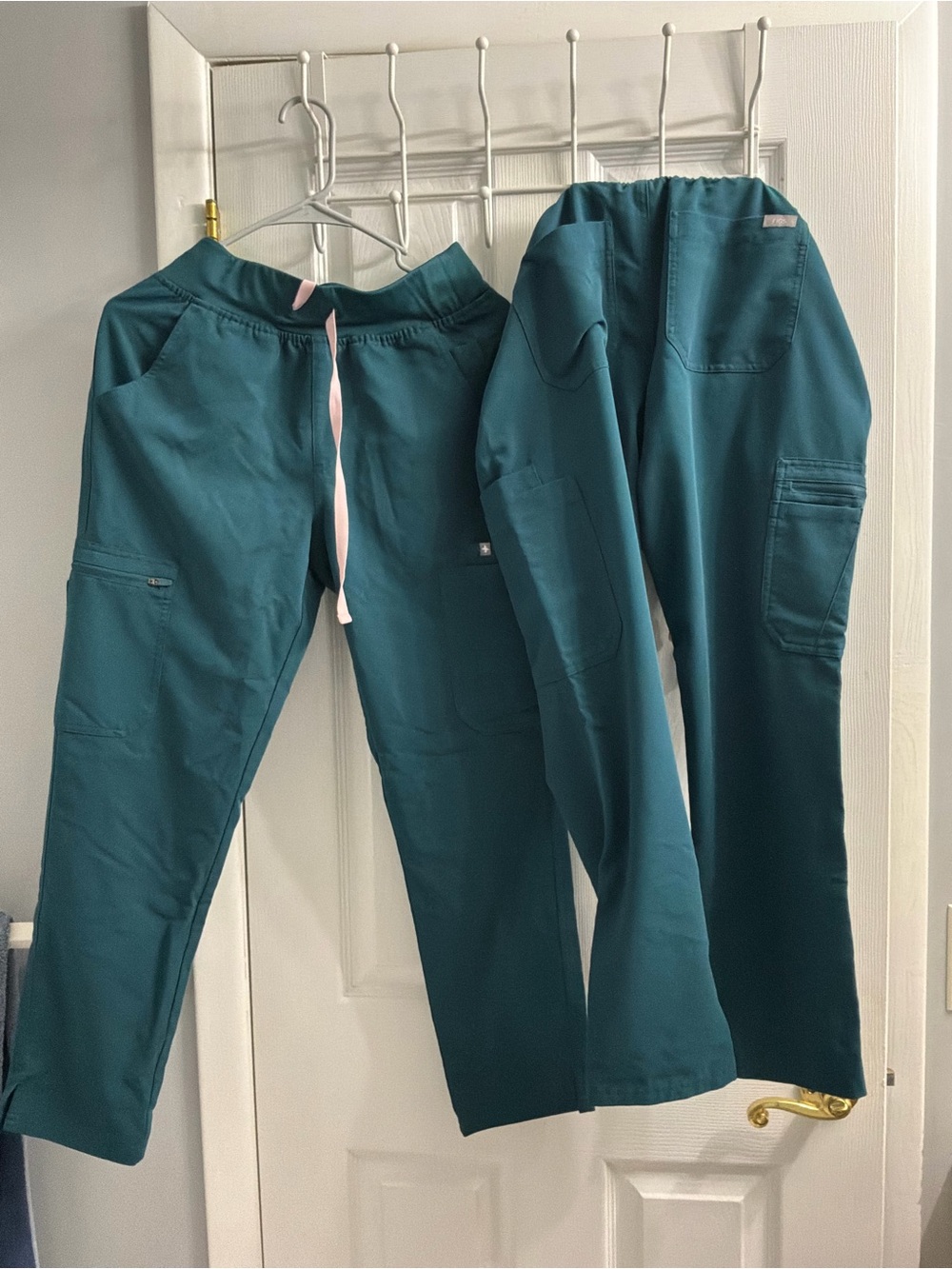 Figs Teal Green Scrub Pants with Pink Drawstring